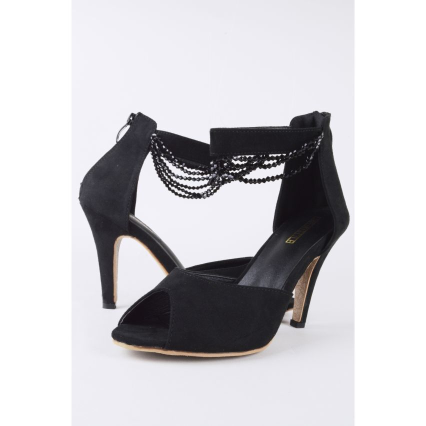 Lovemystyle Peep Toe Heels With Beaded Chain In Black