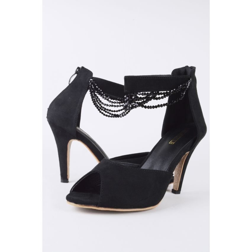 Lovemystyle Peep Toe tacones con cadena cuentas en negro