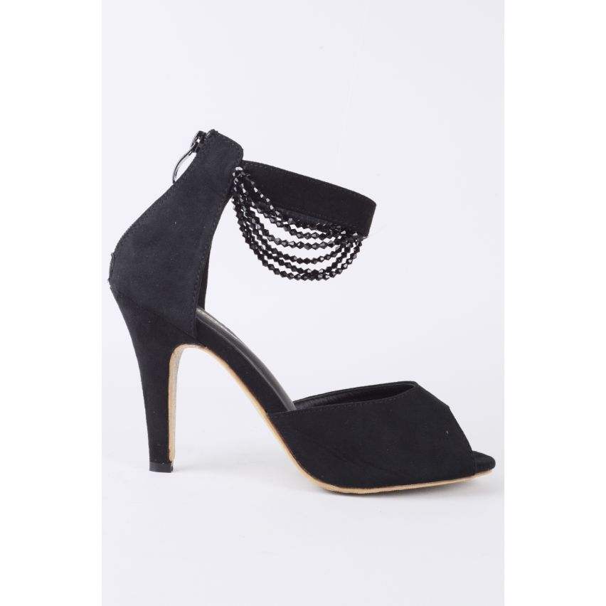 Lovemystyle Peep Toe hakken met kralen ketting zwart