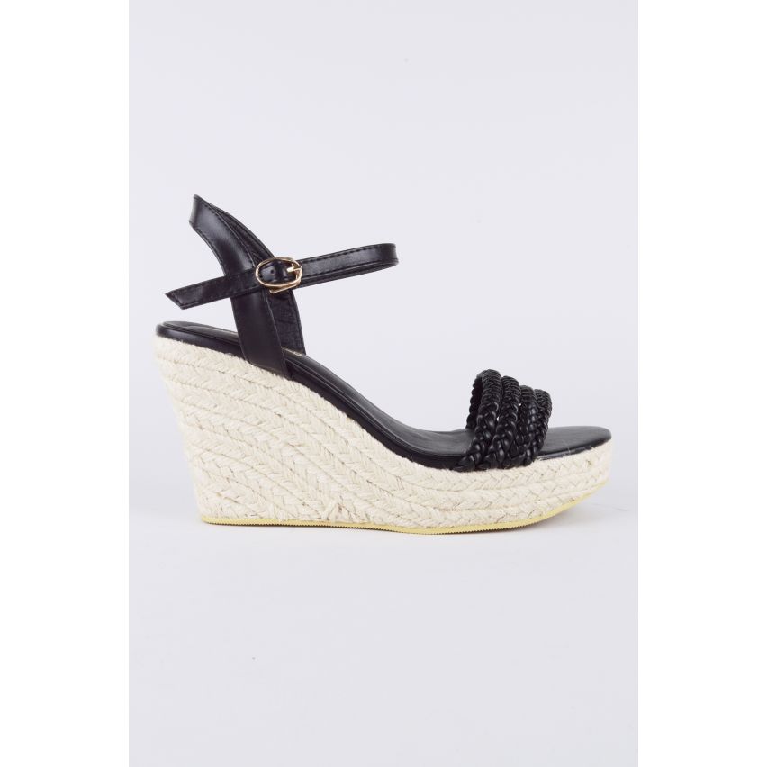 LMS Black Wedge sandale tressée avec semelle de corde