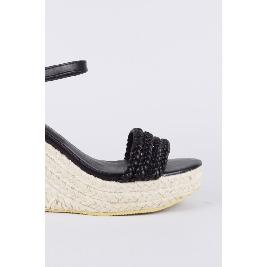 LMS Black Wedge Plaited Sandal With Rope Sole