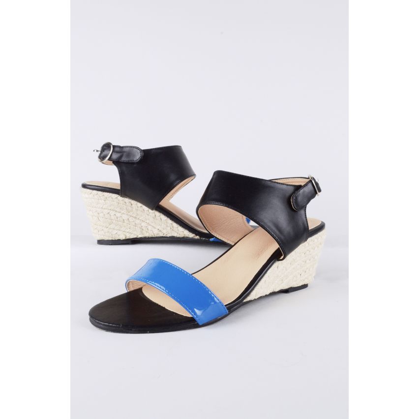 Lovemystyle Kork Keil Sandalen mit schwarzen und blauen Riemen