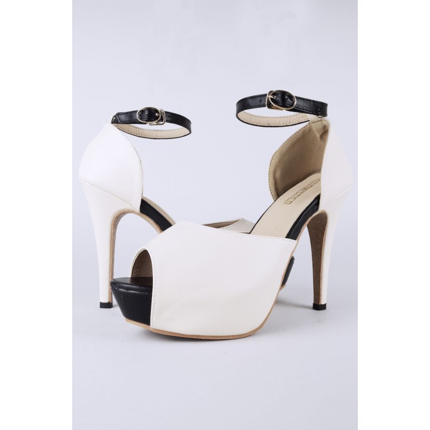 Lovemystyle Platform Peep Toe Heels In Beige And Black