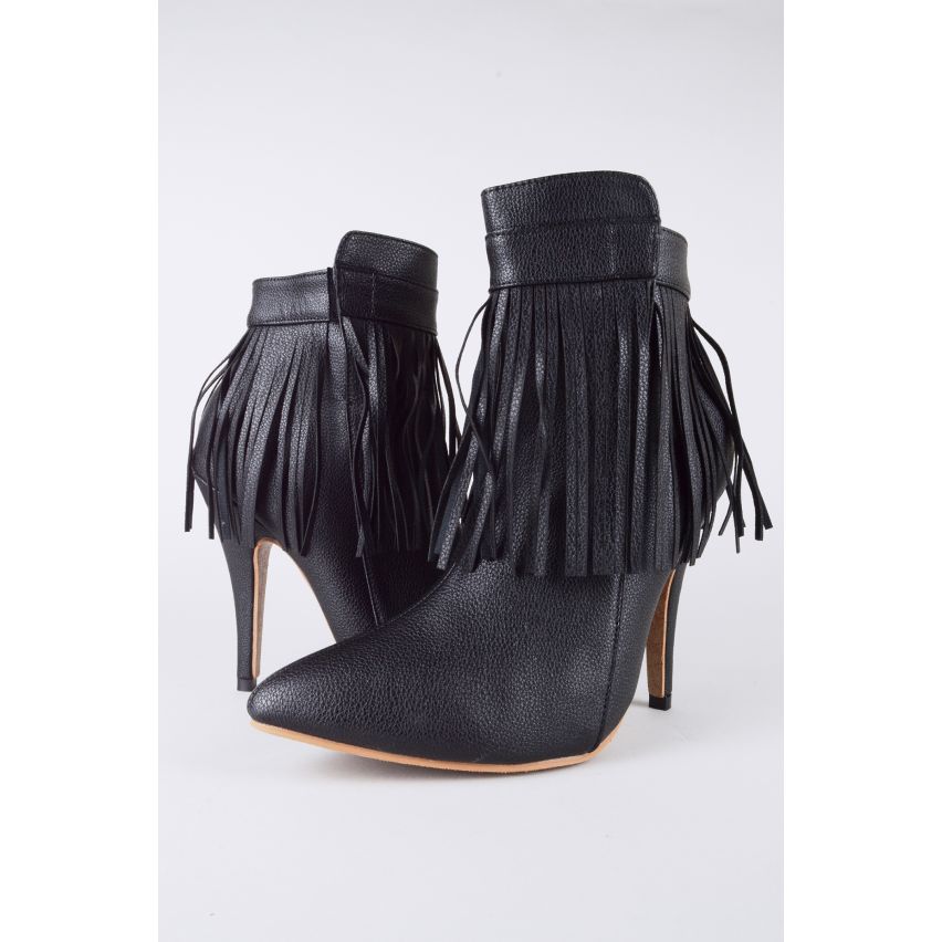 LMS Black High Heel Zip Up Ankle Boot With Fringe Detail