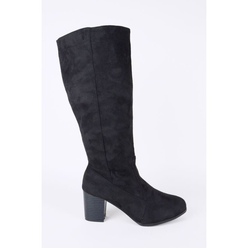 LMS aus schwarzem Veloursleder Block Ferse Knie hohe Stiefel