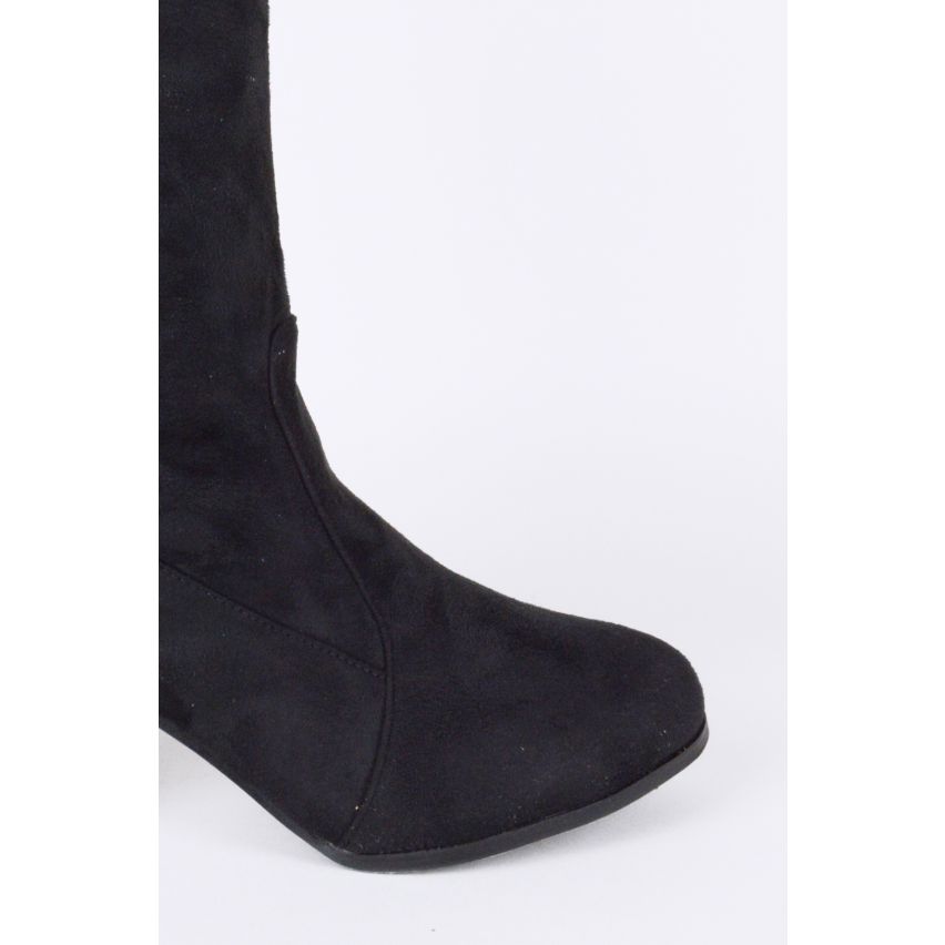 LMS aus schwarzem Veloursleder Block Ferse Knie hohe Stiefel