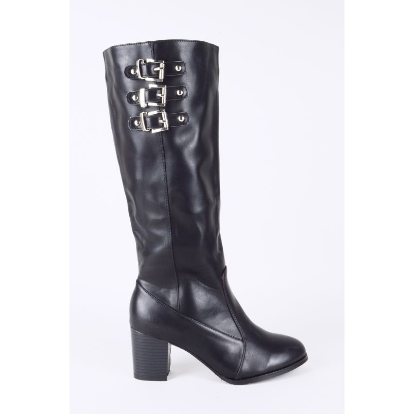 LMS simili-cuir noir bloc talon genou botte avec boucles