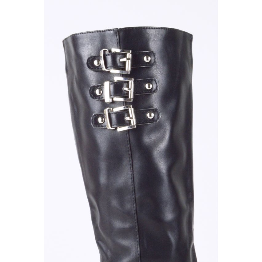 LMS Black Faux Leather Block Heel Knee High Boot With Buckles