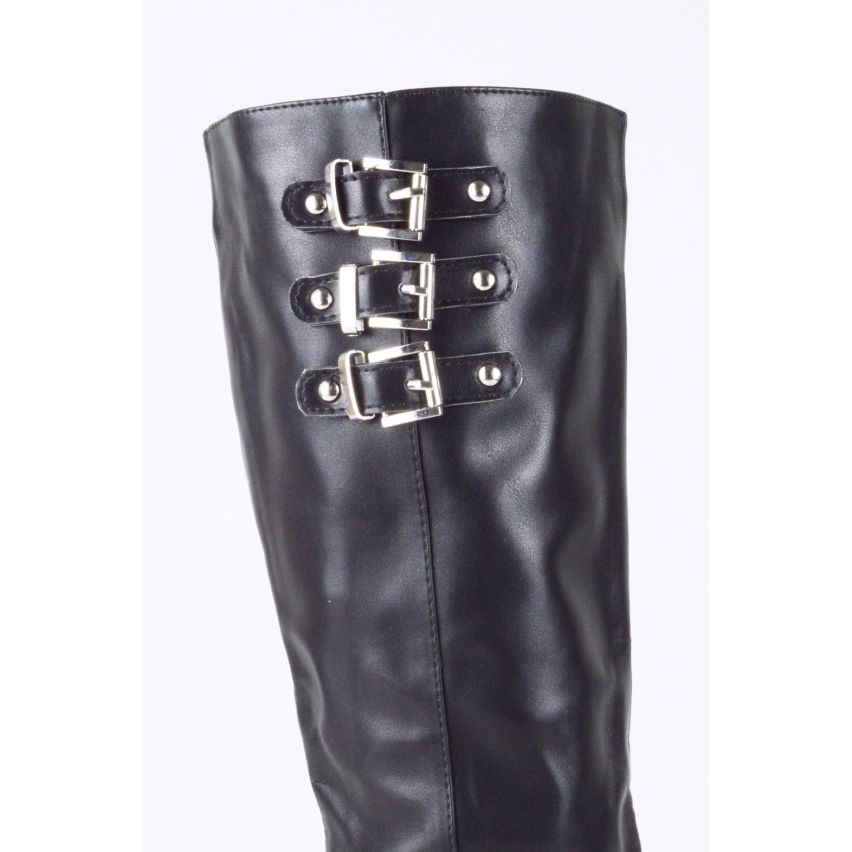 LMS simili-cuir noir bloc talon genou botte avec boucles