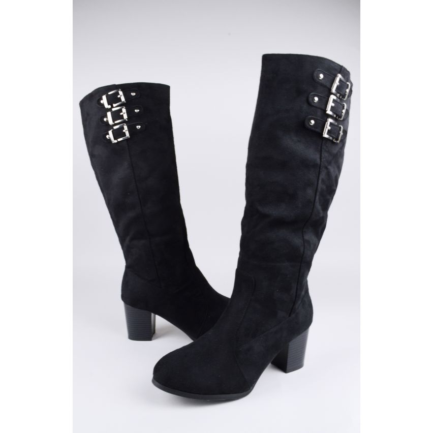 LMS daim noir bloc talon genou botte avec boucles