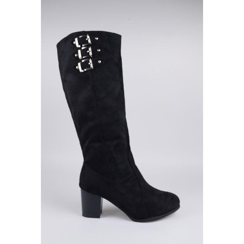 LMS Black Suede Block Heel Knee High Boot With Buckles