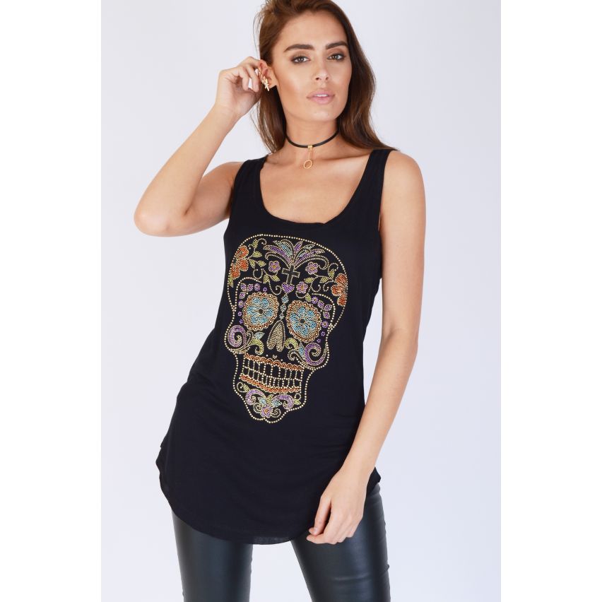 Top gilet PUNKYFISH noire avec Multi couleur cloutés Skull