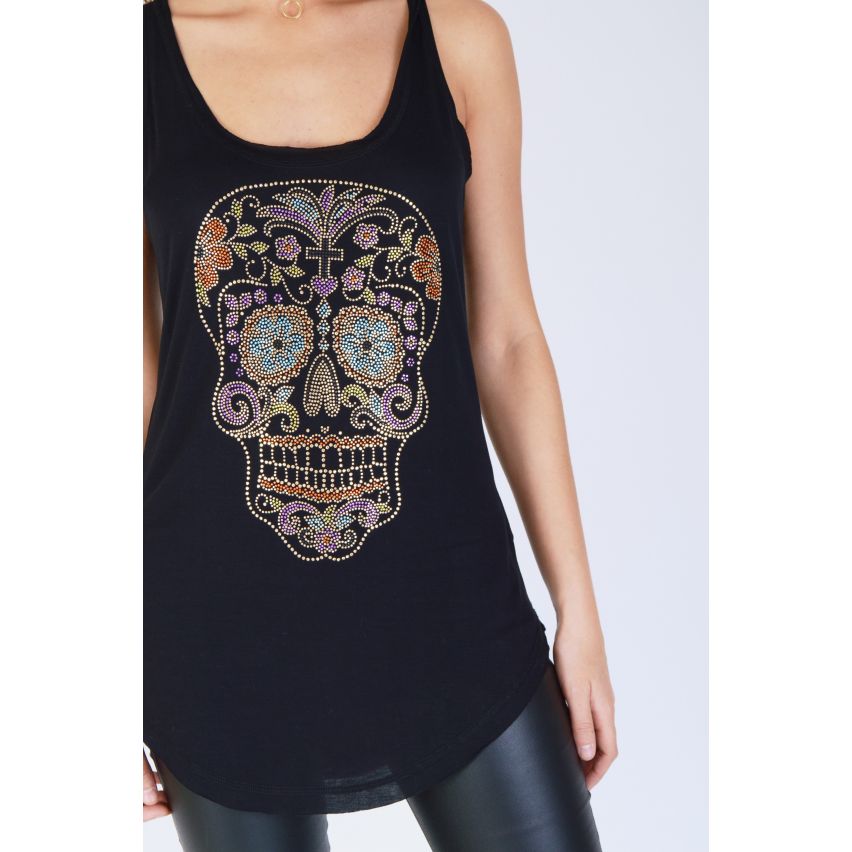 Top gilet PUNKYFISH noire avec Multi couleur cloutés Skull