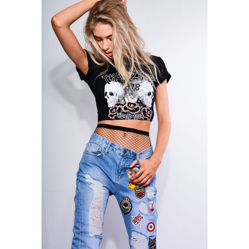 Punkyfish Light Blue Denimjeans mit Patch funktioniert und Rips