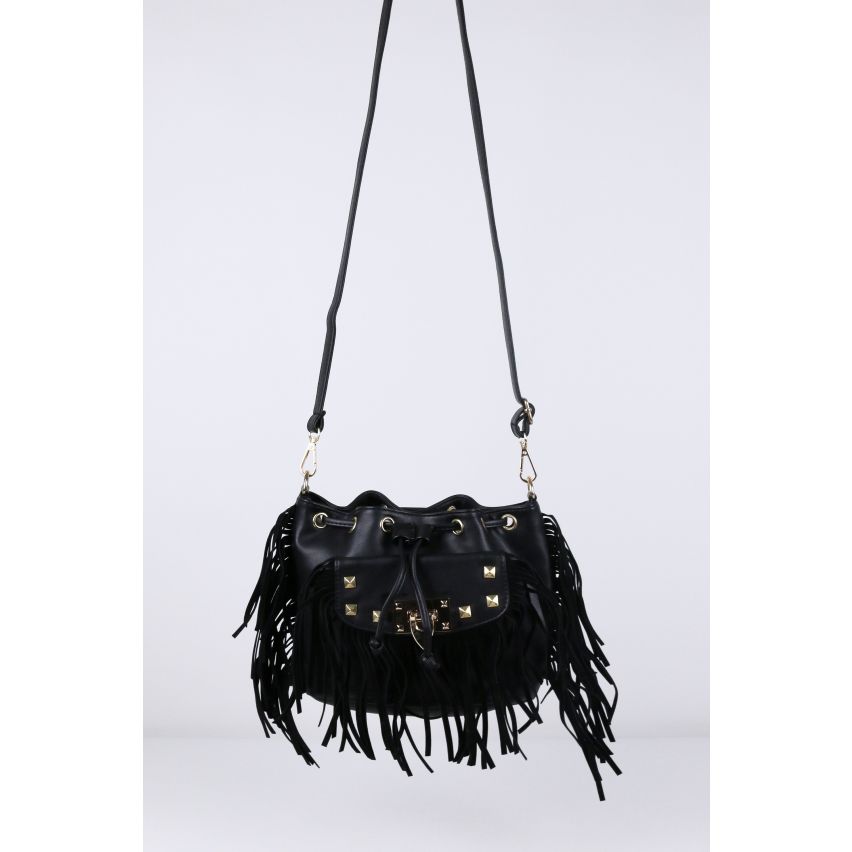 Lovemystyle Black Cross Body Bag With Studs And Fringing