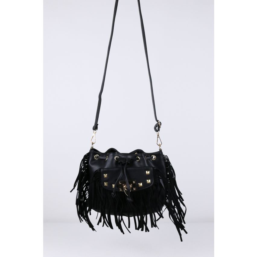 Lovemystyle Black Cross Body Bag con borchie e frange