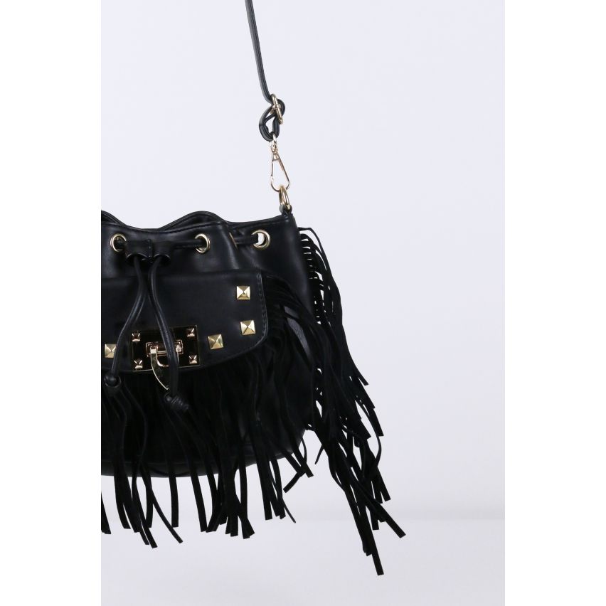 Lovemystyle Black Cross Body Bag With Studs And Fringing