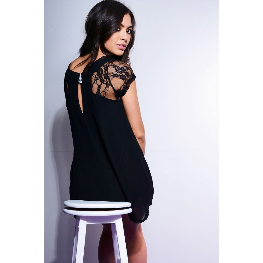 Lovemystyle schwarz Chiffon-Tunika Top mit Spitze Kappe Ärmeln