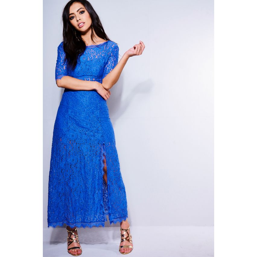 Lovemystyle robe en dentelle dos nu bleu Midi avec Split Leg