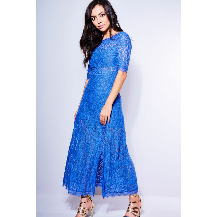 Lovemystyle robe en dentelle dos nu bleu Midi avec Split Leg