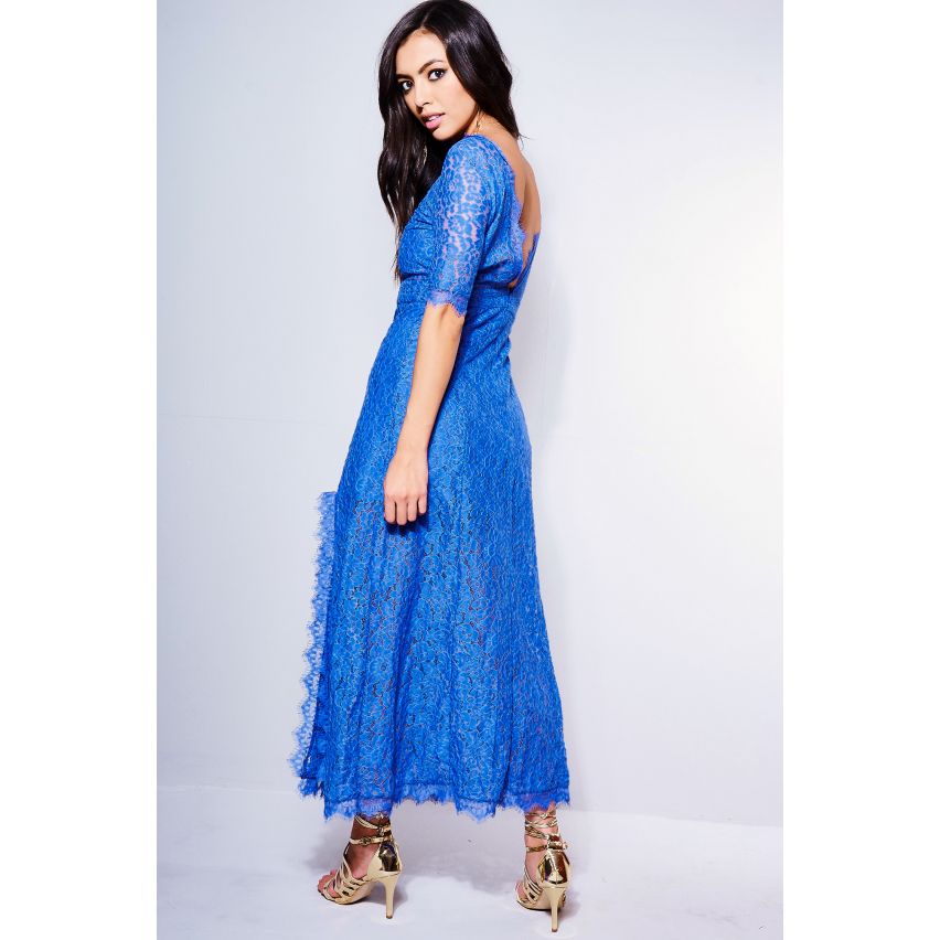 Lovemystyle robe en dentelle dos nu bleu Midi avec Split Leg
