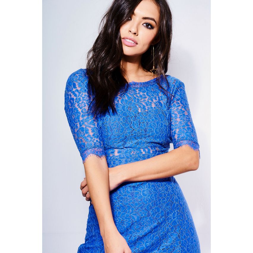 Lovemystyle Backless Blue Midi Lace Dress With Leg Split - SAMPLE