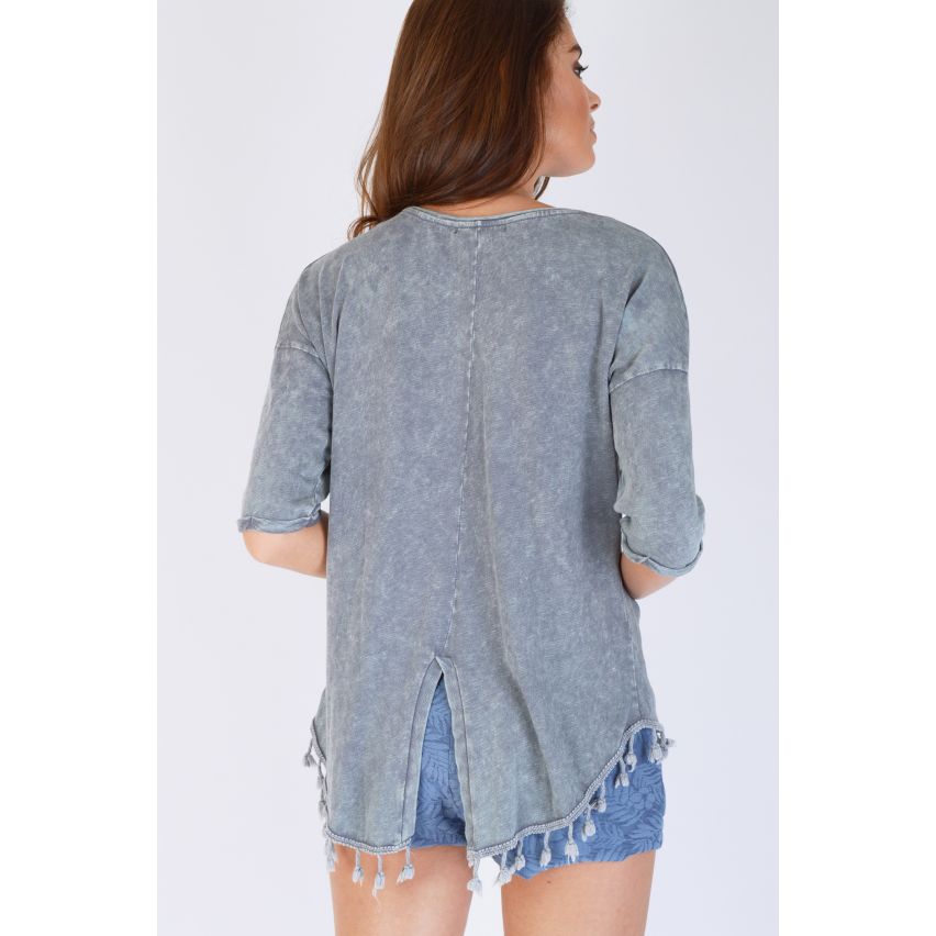 SHN marineblauw Top met franje Hem en terug Split