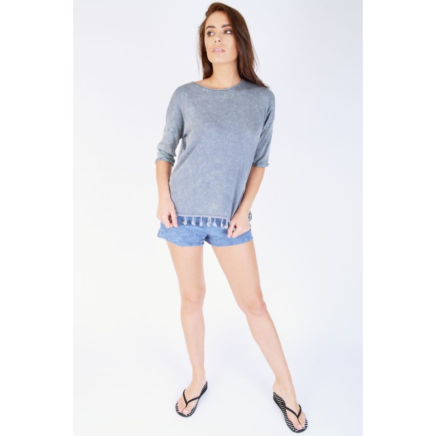 SHN Marineblau Top mit Quaste Saum und zurück Split