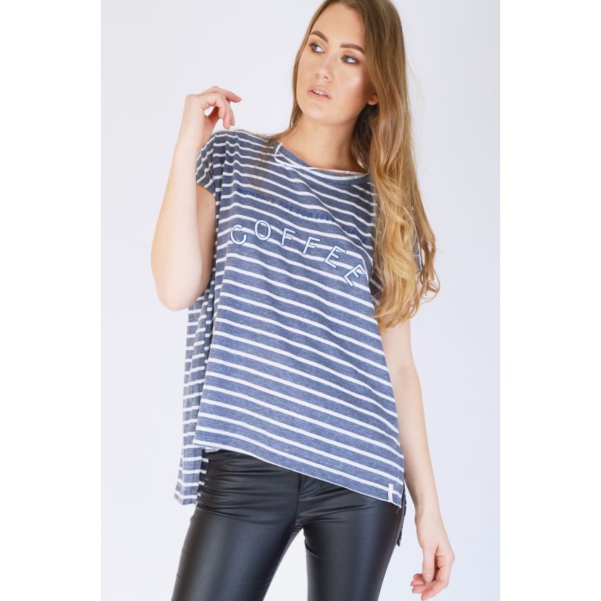SHN Oversized Blue And White Stripe T-Shirt With 'Coffee' Slogan
