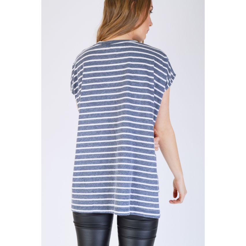 SHN Oversized blauwe en witte streep T-Shirt met 'Coffee' Slogan