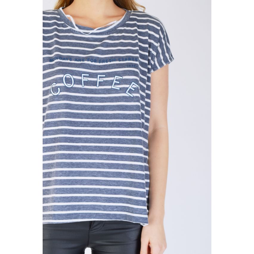 SHN Oversized blauwe en witte streep T-Shirt met 'Coffee' Slogan