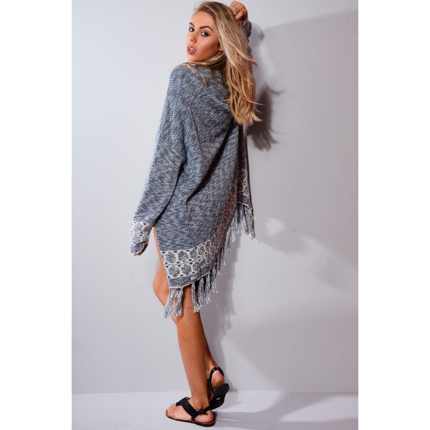 SHN Longline Blue And White Knitted Cardigan With Tassels