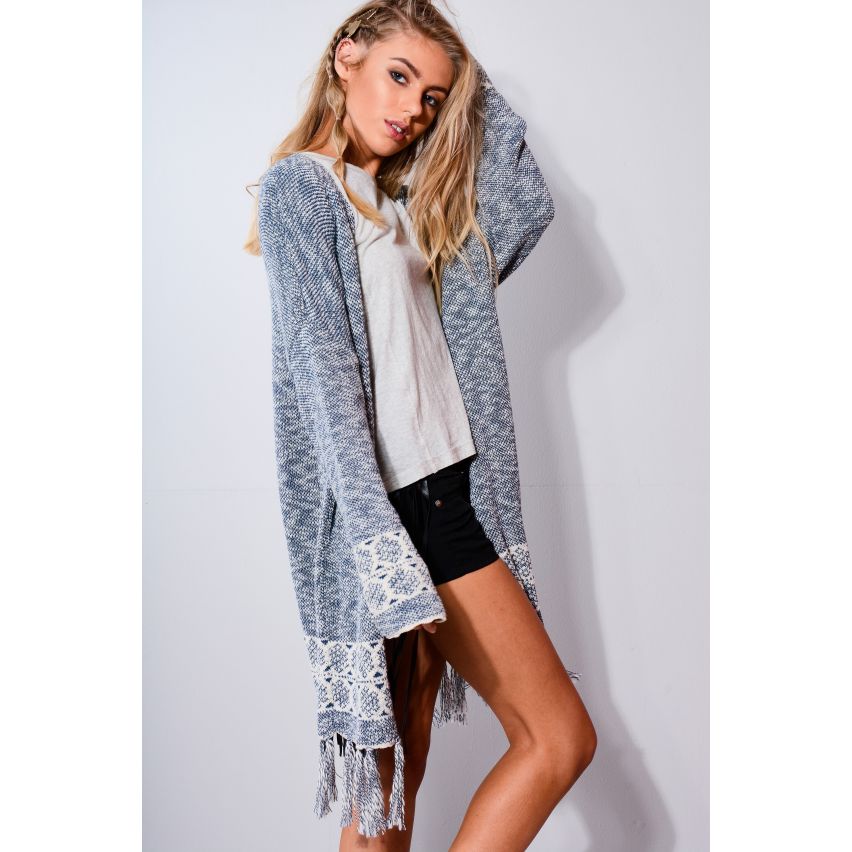 SHN Longline Blue And White Knitted Cardigan With Tassels