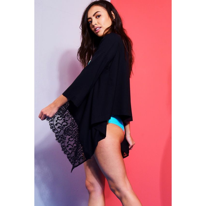 Stil London schwarzer Spitze Kanten Kimono mit asymmetrischem Saum