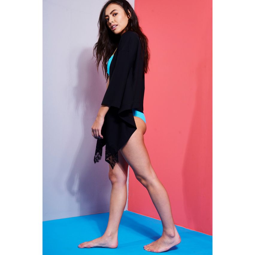 Stil London schwarzer Spitze Kanten Kimono mit asymmetrischem Saum