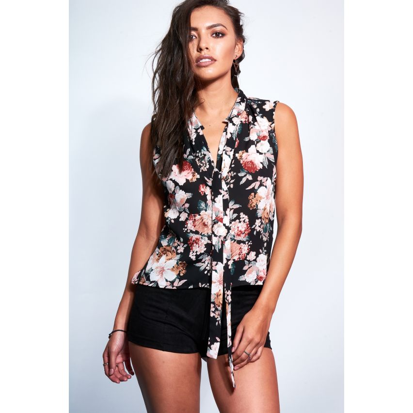 Style London Black Floral Sleeveless Blouse With Tie Neckline