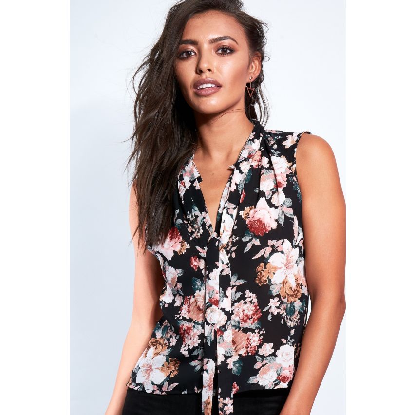 London Style schwarz Floral ärmellose Bluse mit Krawatte Ausschnitt