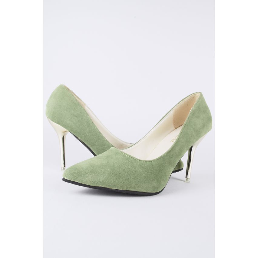 LMS grüne Wildlederpumps mit spitzen Zehen und Gold Metallic Ferse