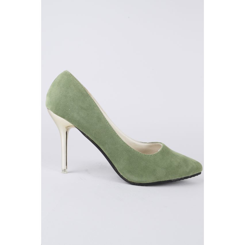 LMS grüne Wildlederpumps mit spitzen Zehen und Gold Metallic Ferse