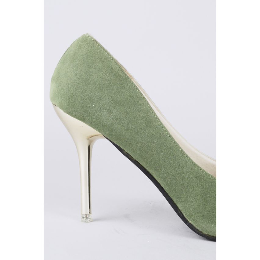 LMS grüne Wildlederpumps mit spitzen Zehen und Gold Metallic Ferse