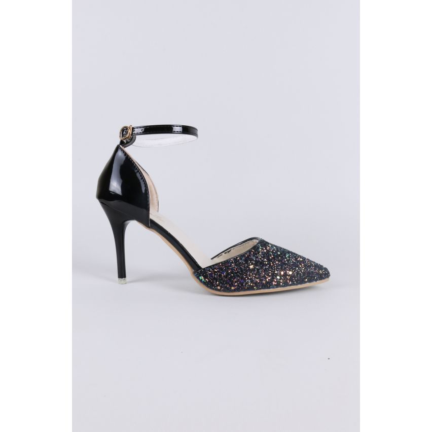 LMS Black Glitter Pointed Closed Toe Sandal With Ankle Strap