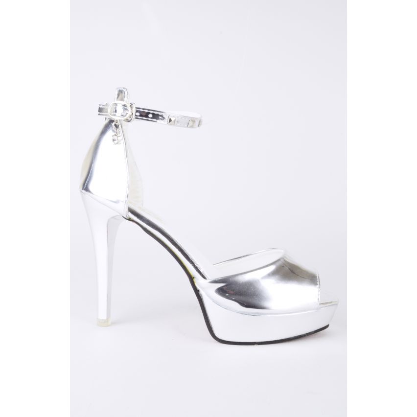 LMS Platform Metallic Silver Heels With Diamante Pendant