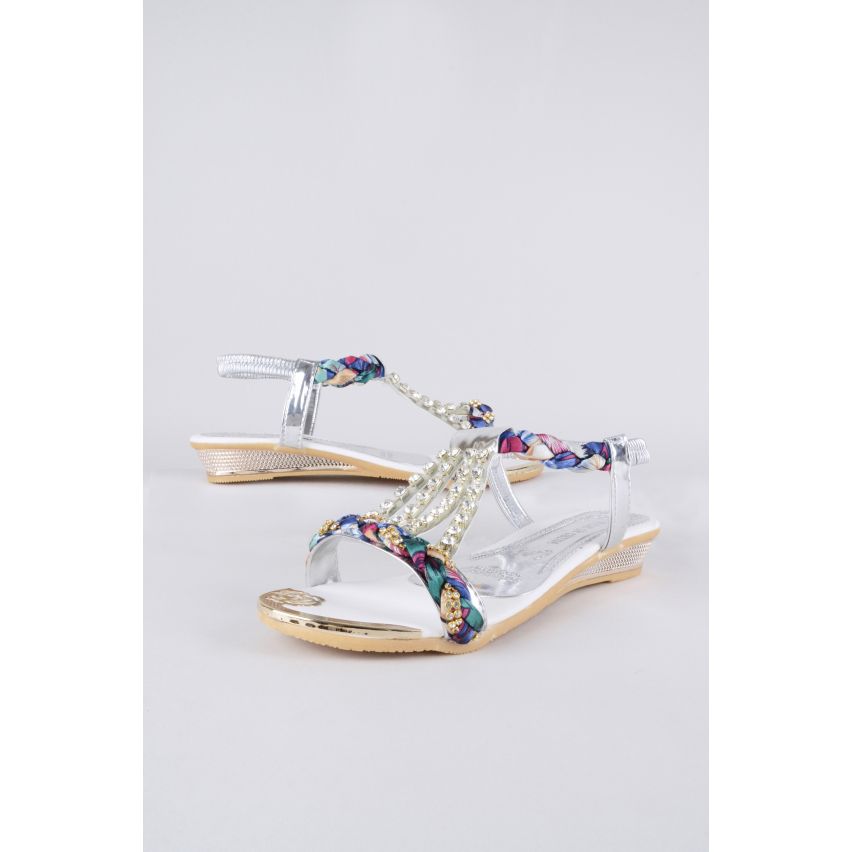 LMS Silver Mini Wedge Sandal With Diamante Detail