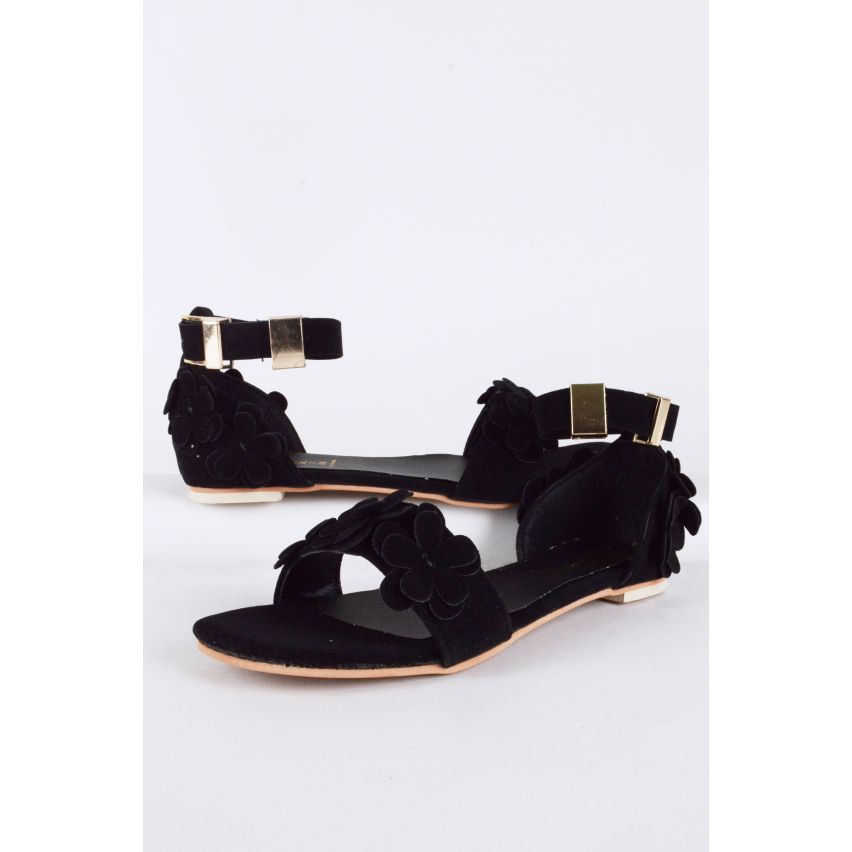 LMS daim noir plat Floral détail sandale avec sangle de cheville