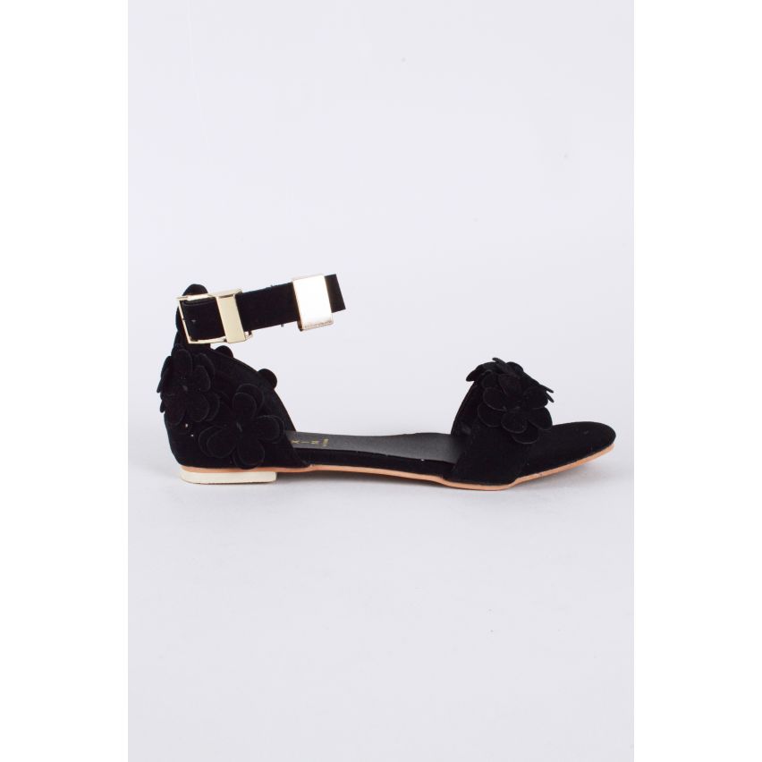 LMS Black Suede Flat Floral Detail Sandal With Ankle Strap