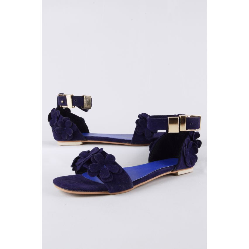 LMS Purple Suede Flat Floral Detail Sandal With Ankle Strap