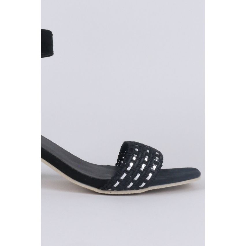 LMS Black Mid Heel Sandal With Silver Weave Detail