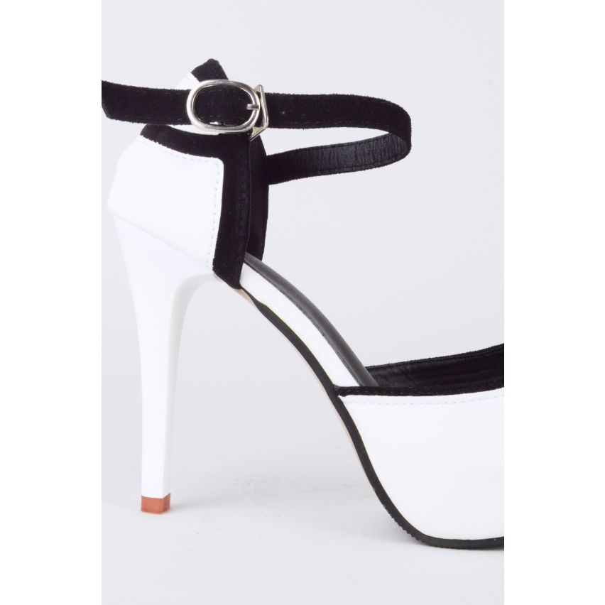 Sandalia de plataforma LMS blanco Peep Toe con patrón negro jaula