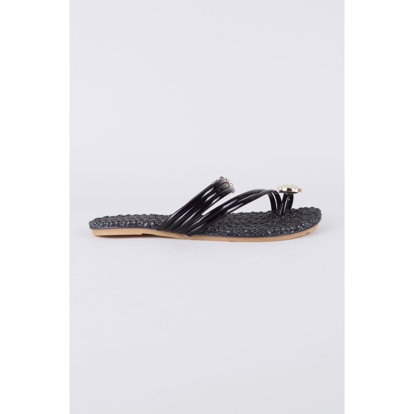 LMS noir brevet sandale plate avec Gem détail et coeur orteil Post