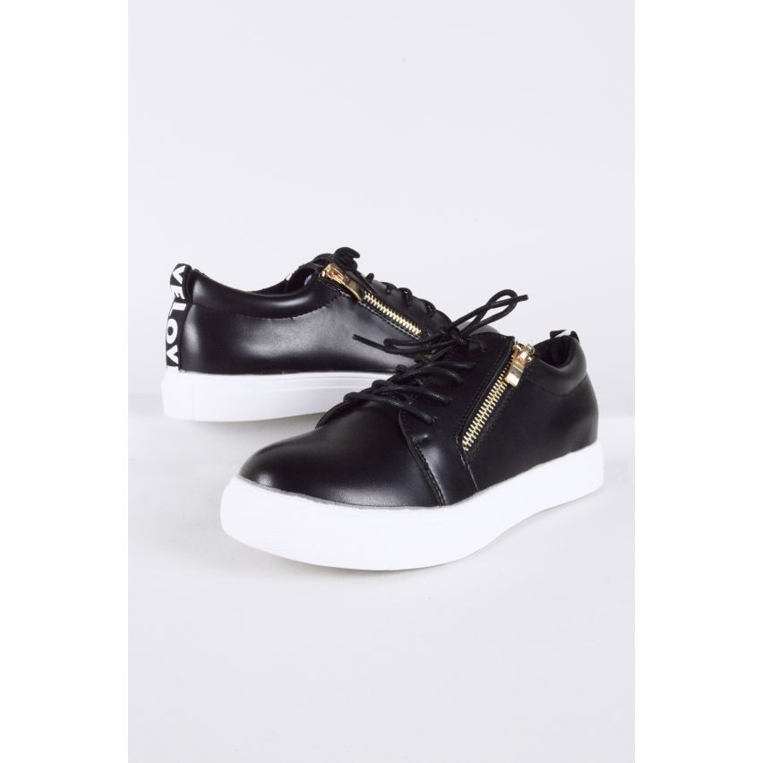 LMS-Black Lace Up Trainer mit Gold Zip und 